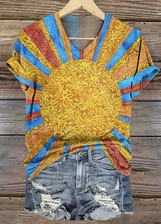 Colorful Sun Collage Art Print V Neck Short Sleeve T-shirt