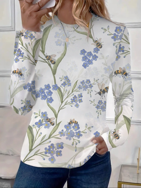 Casual Floral Crew Neck Long Sleeve T-shirt