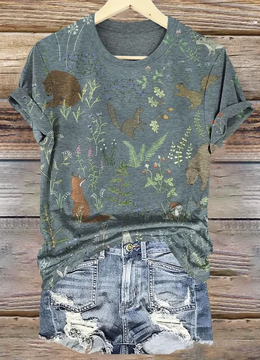 Casual Floral Pattern Crew Neck Short Sleeve T-shirt
