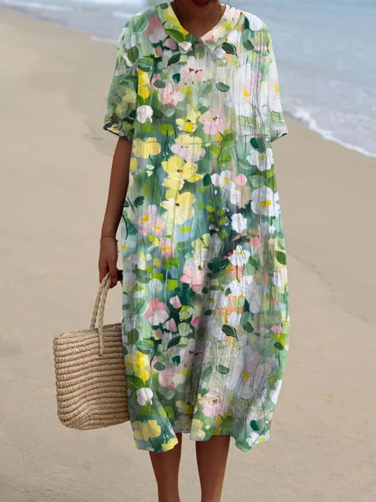 Women Floral Crew Neck Half Sleeve Comfy Casual Maxi Dress