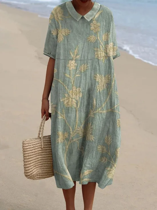 Women Floral Crew Neck Half Sleeve Comfy Casual Maxi Dress