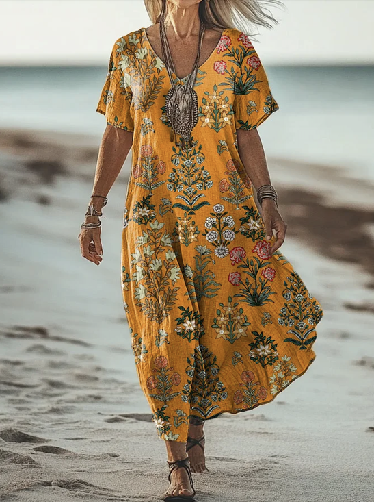 Women Floral V Neck Short Sleeve Comfy Casual Maxi Dress
