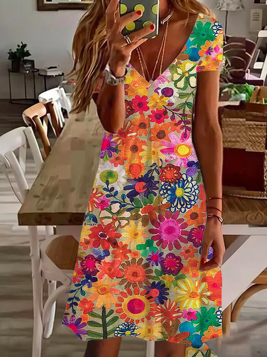 Women Floral Summer Printing Dress V Neck Short Sleeve T-Shirt Dress H-Line Dress