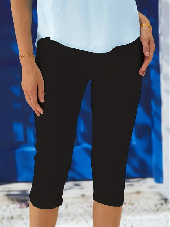 Women Plain Capris Elastic Waist Pants Casual Summer Trousers