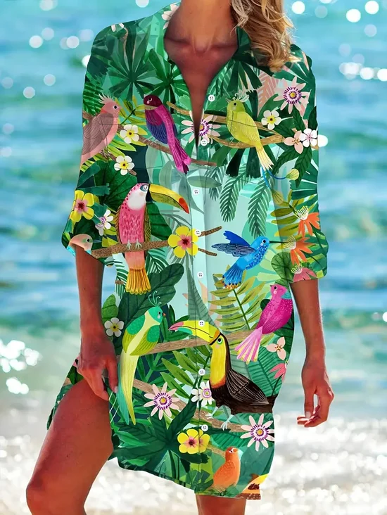 Shirt Collar Long Sleeve Parrots Printing Regular Loose Shirt For Women
