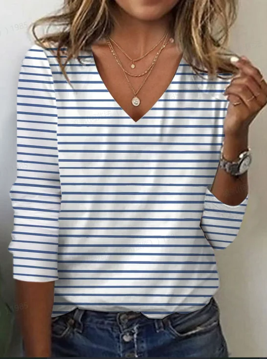 Casual Striped V Neck Long Sleeve T-shirt