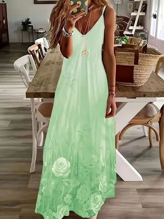Women Floral Summer Printing Dress V Neck Sleeveless Slip Dress X-Line Dress