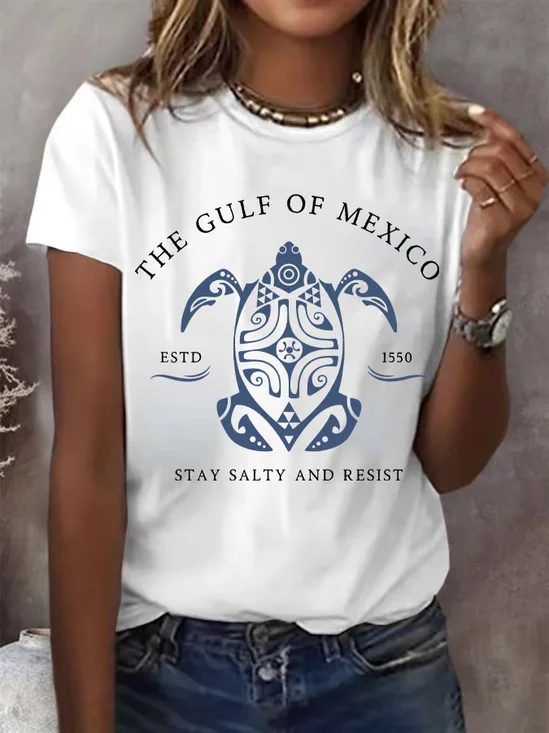 Women's Gulf Of Mexico Print Round Neck Comfy Cotton T-Shirt