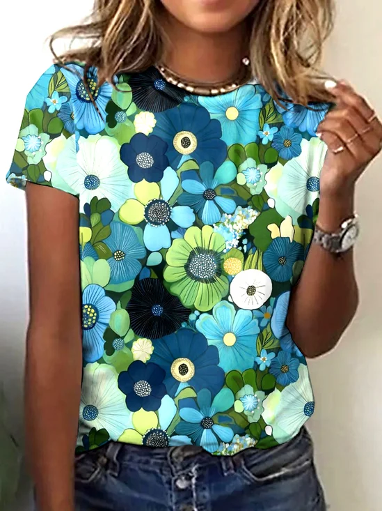 Casual Floral Crew Neck Short Sleeve T-shirt