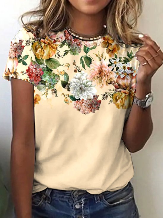 Casual Floral Crew Neck Short Sleeve T-shirt
