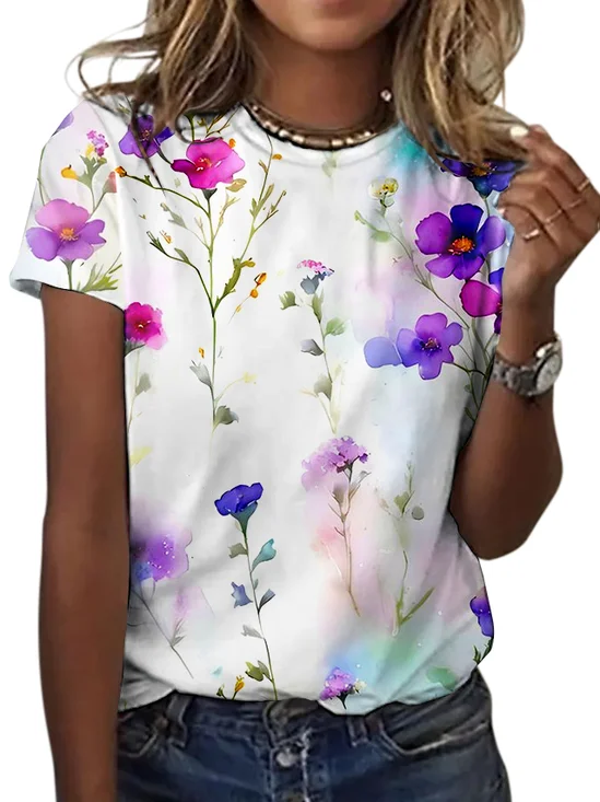 Casual Floral Crew Neck Short Sleeve T-shirt