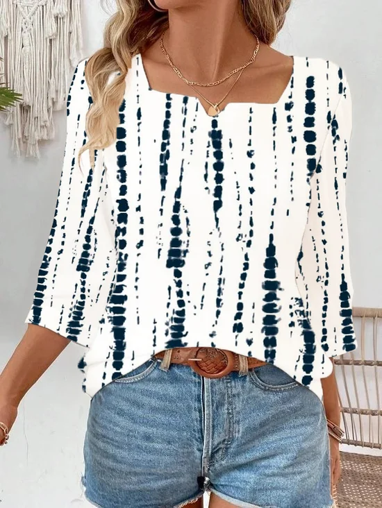 Notched Three Quarter Sleeve Striped Printing Regular Loose Blouse For Women