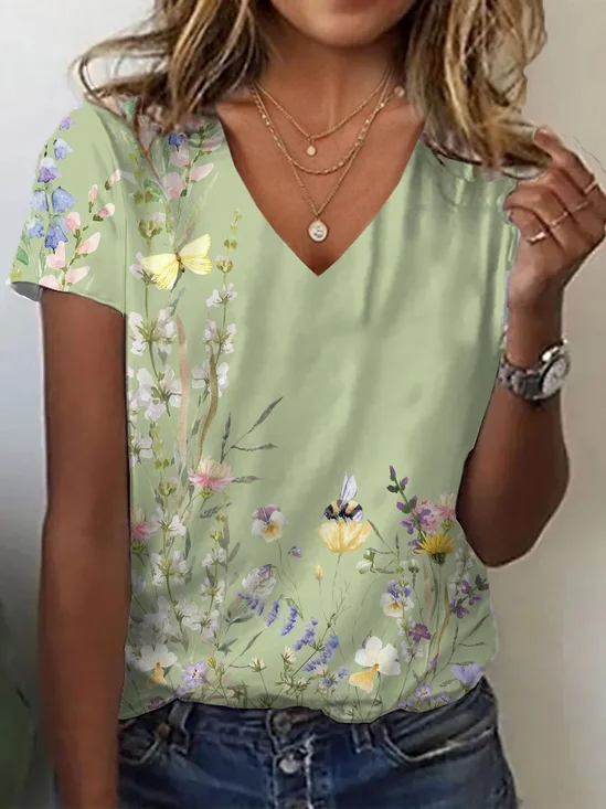 Casual Floral V Neck Short Sleeve T-shirt