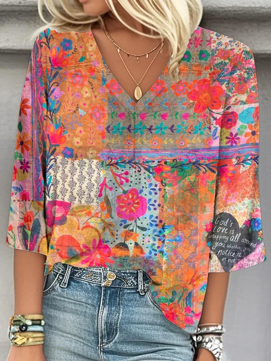 V Neck Three Quarter Sleeve 3D Printing Regular Loose Blouse For Women