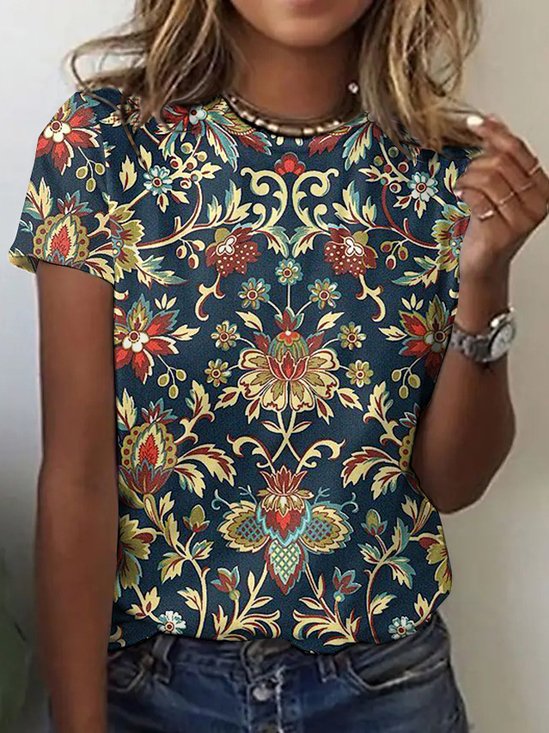 Casual Floral Crew Neck Short Sleeve T-shirt