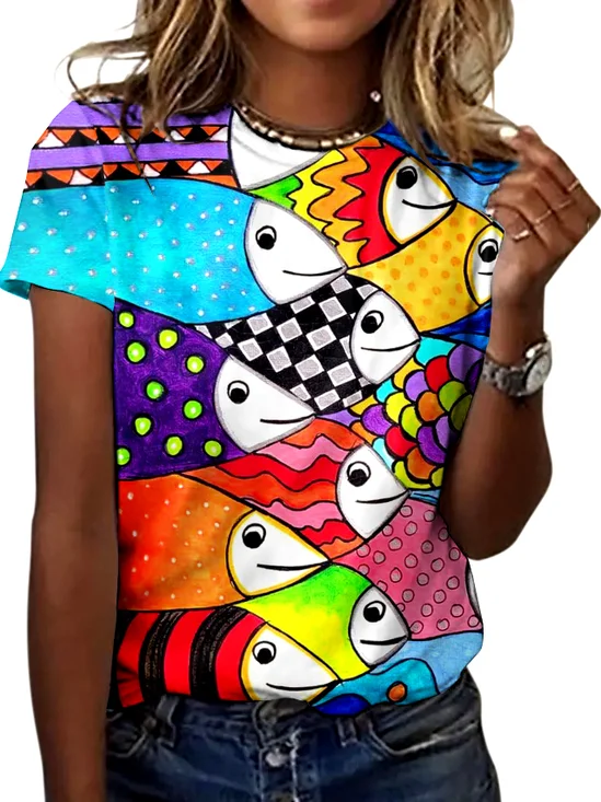 Casual Animal Crew Neck Short Sleeve T-shirt