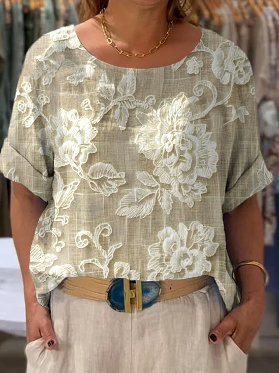 Casual Floral Crew Neck Short Sleeve T-shirt