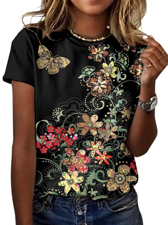 Casual Floral Crew Neck Short Sleeve T-shirt