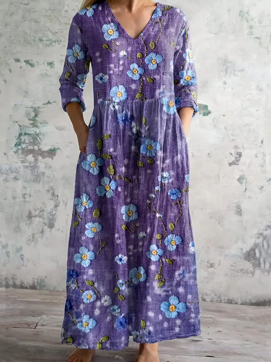 Women Floral Crew Neck Long Sleeve Comfy Casual Maxi Dress