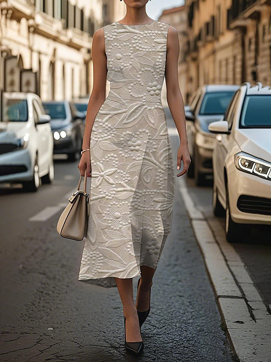 Women Floral Summer Printing Dress Crew Neck Sleeveless Shift Dress H-Line Dress