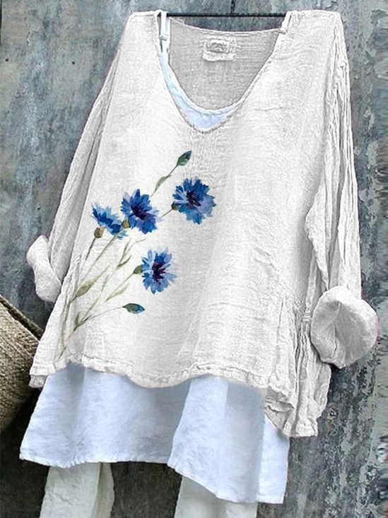 Vintage Floral V Neck Long Sleeve T-shirt