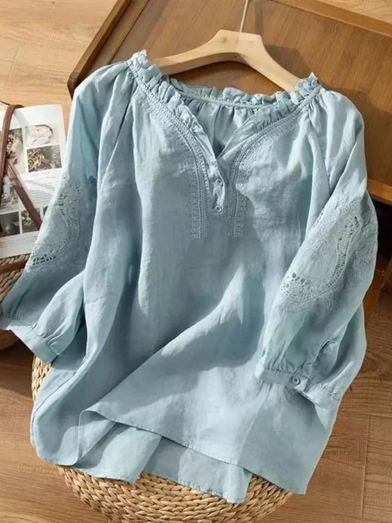 Lotus Leaf Collar Long Sleeve Plain Regular Loose Blouse For Women