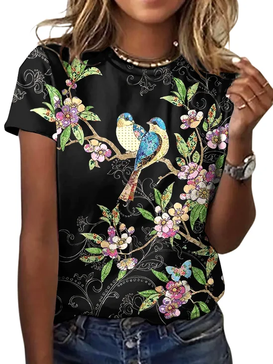 Casual Floral Crew Neck Short Sleeve T-shirt