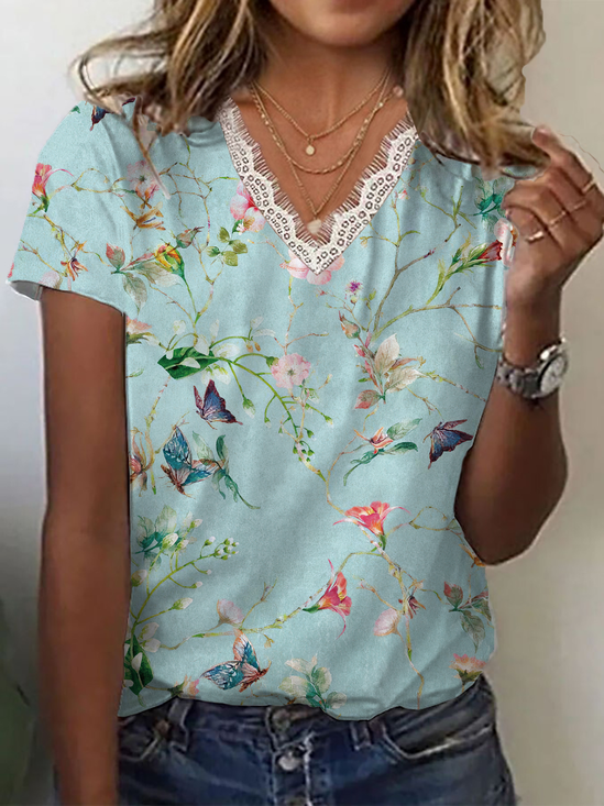 Casual Floral V Neck Short Sleeve T-shirt