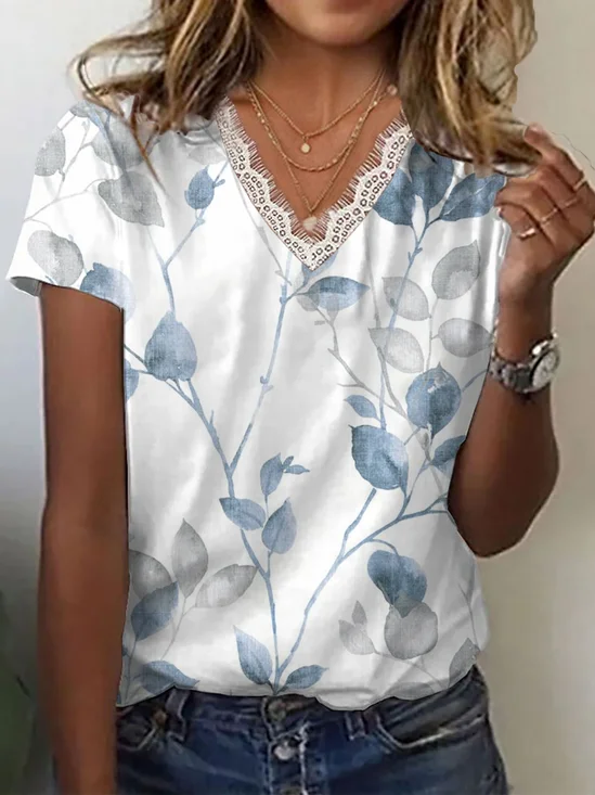 Casual Floral V Neck Short Sleeve T-shirt