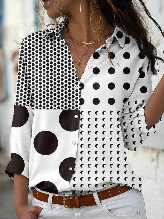Shirt Collar Long Sleeve Polka Dots Regular Micro-Elasticity Regular Fit Shirt For Women