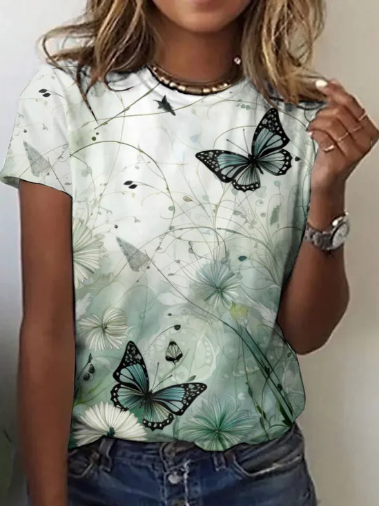 Casual Floral Crew Neck Short Sleeve T-shirt