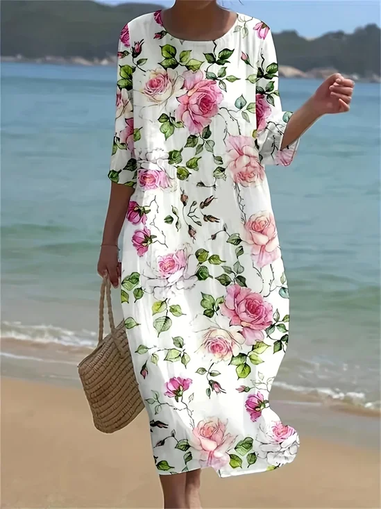Women Floral Summer Printing
                                    Dress Crew Neck Half Sleeve H-Line
                                    Dress