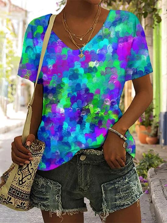 Casual Floral V Neck Short Sleeve T-shirt