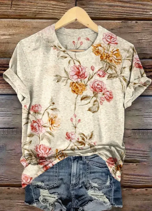 Casual Floral Crew Neck Short Sleeve T-shirt