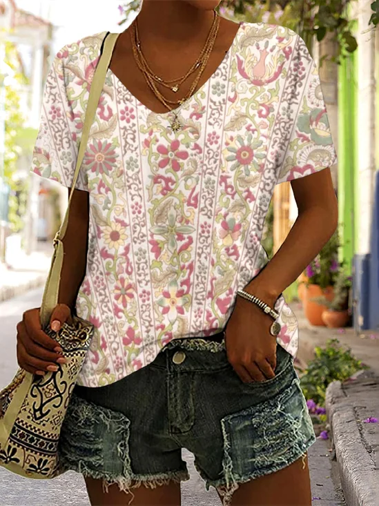 Casual Floral V Neck Short Sleeve T-shirt
