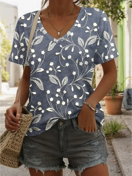 Casual Floral Print Crew Neck Short Sleeve T-shirt