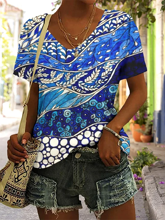 Casual Floral V Neck Short Sleeve T-shirt