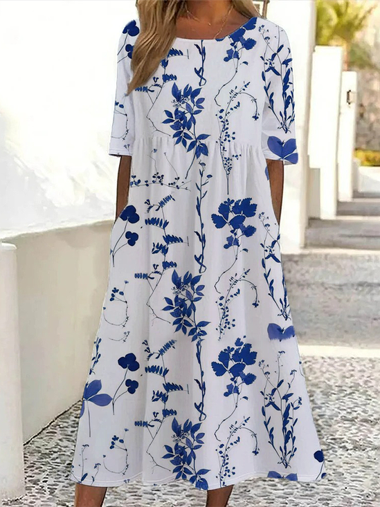 Women Floral Summer Printing Dress Crew Neck Short Sleeve Shift Dress H-Line Dress