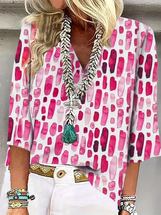 Shawl Collar Half Sleeve Geometric Regular Loose Blouse For Women