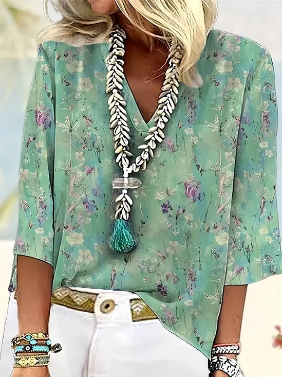 Shawl Collar Half Sleeve Floral Regular Loose Blouse For Women