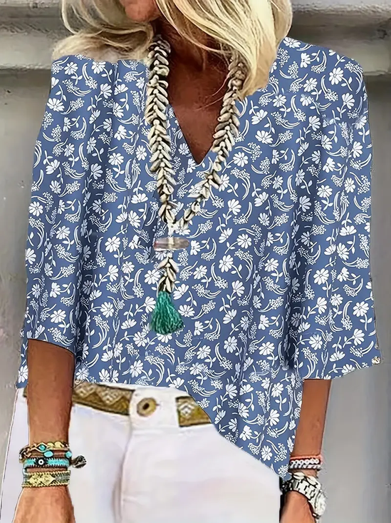 Shawl Collar Half Sleeve Floral Regular Loose Blouse For Women