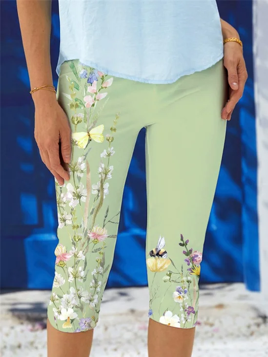 Women Floral Capris Elastic Waist Pants Casual Summer Trousers