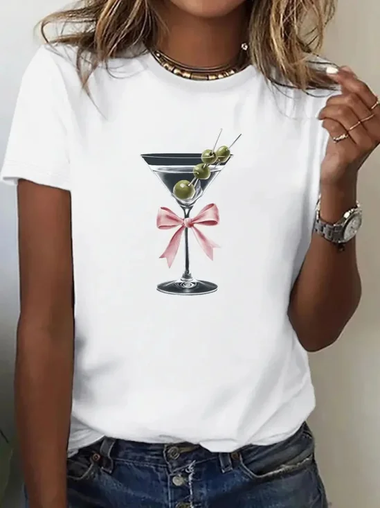 Casual Champagne Glass Pattern Crew Neck Short Sleeve T-shirt
