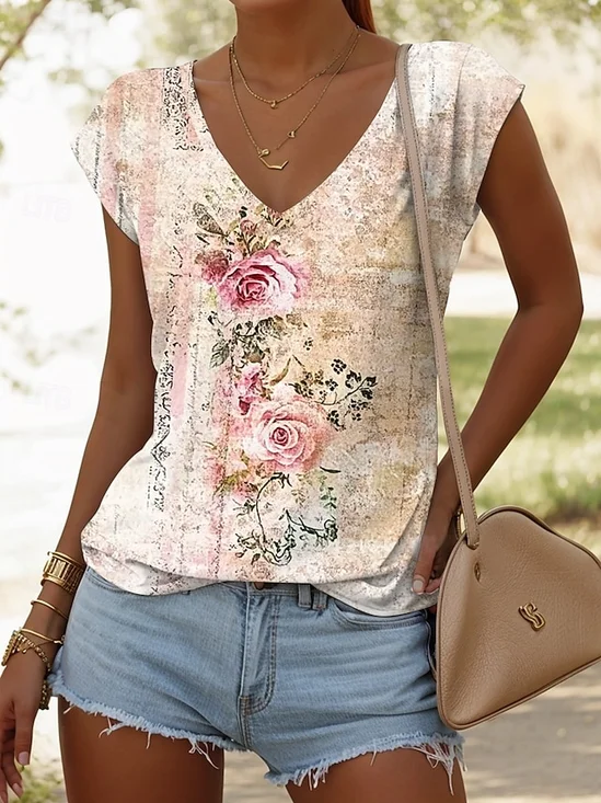 Casual Floral V Neck Short Sleeve T-shirt