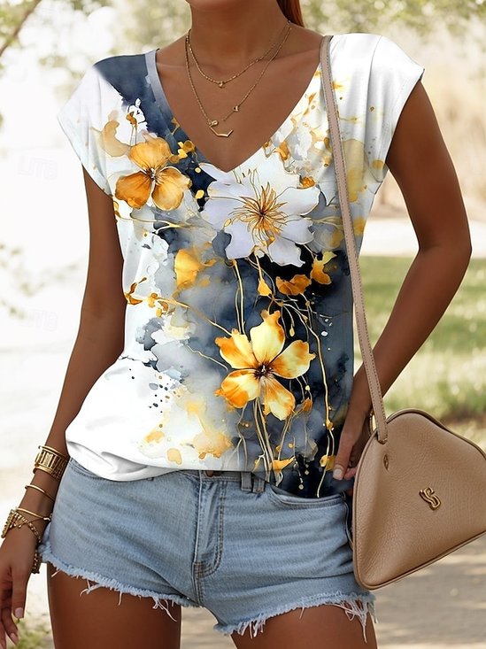 Casual Floral V Neck Short Sleeve T-shirt