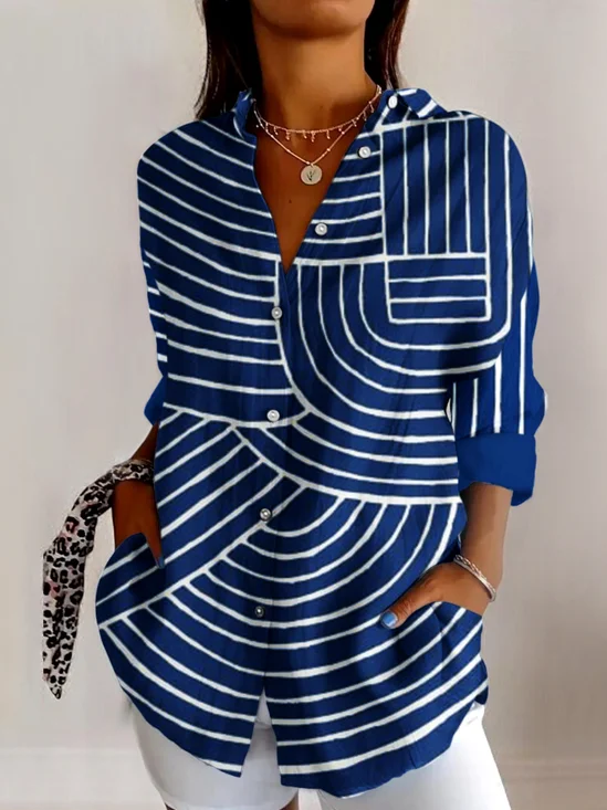 Shirt Collar Long Sleeve Geometric Regular Micro-Elasticity Regular Fit Shirt For Women