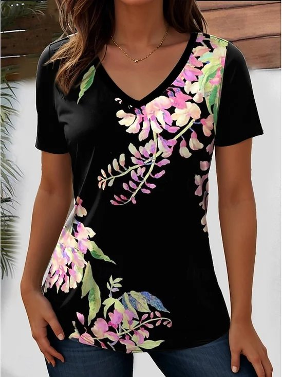 Casual Floral V Neck Short Sleeve T-shirt