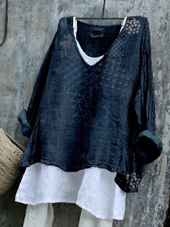 Vintage Abstract Graphic V Neck Long Sleeve T-shirt