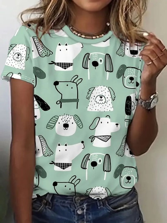 Vintage Cute Animal Dog Print Crew Neck Short Sleeve Comfy T-shirt
