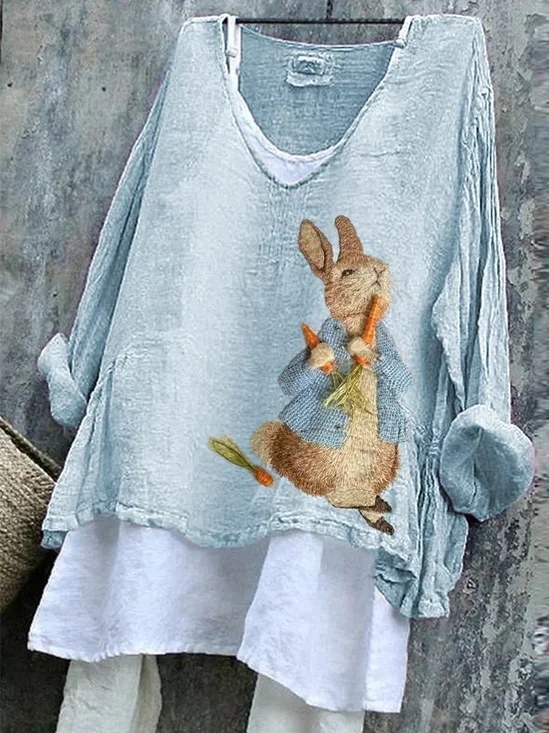 Vintage Easter (rabbit) V Neck Long Sleeve T-shirt